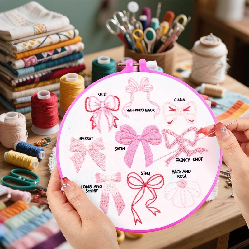 Crafmanoe Pink Bowknot Embroidery Kits for Beginners Adults, Cute Hand Embroidery Starter Kits, Counted Cross Stitch Kits for Beginners DIY Craft Kits for Adults Women, Embroidery Hoops, Thread & Video Tutorial - Image 3